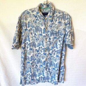 Tommy Bahama 100% Silk Short Sleeve Blue White Tropical Pattern Shirt